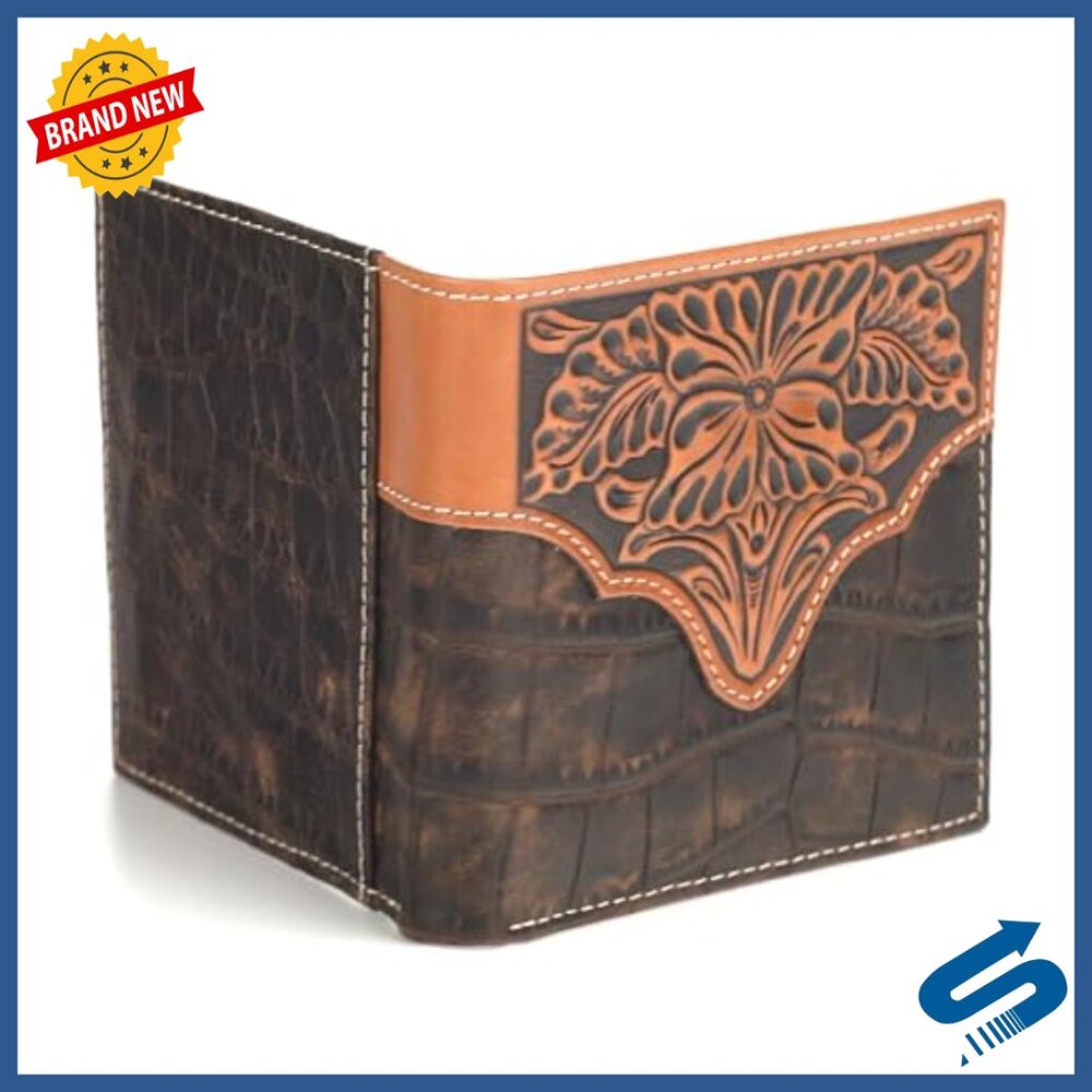 Men's Genuine Leather Bifold Wallet with Floral Embossing Slim Fit - Picture 2 of 6